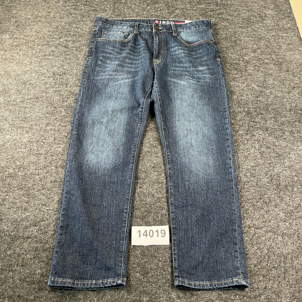 IZOD Jeans Men 36x30 Blue Denim Cotton Stretch Medium Wash Slim Fit Straight Leg